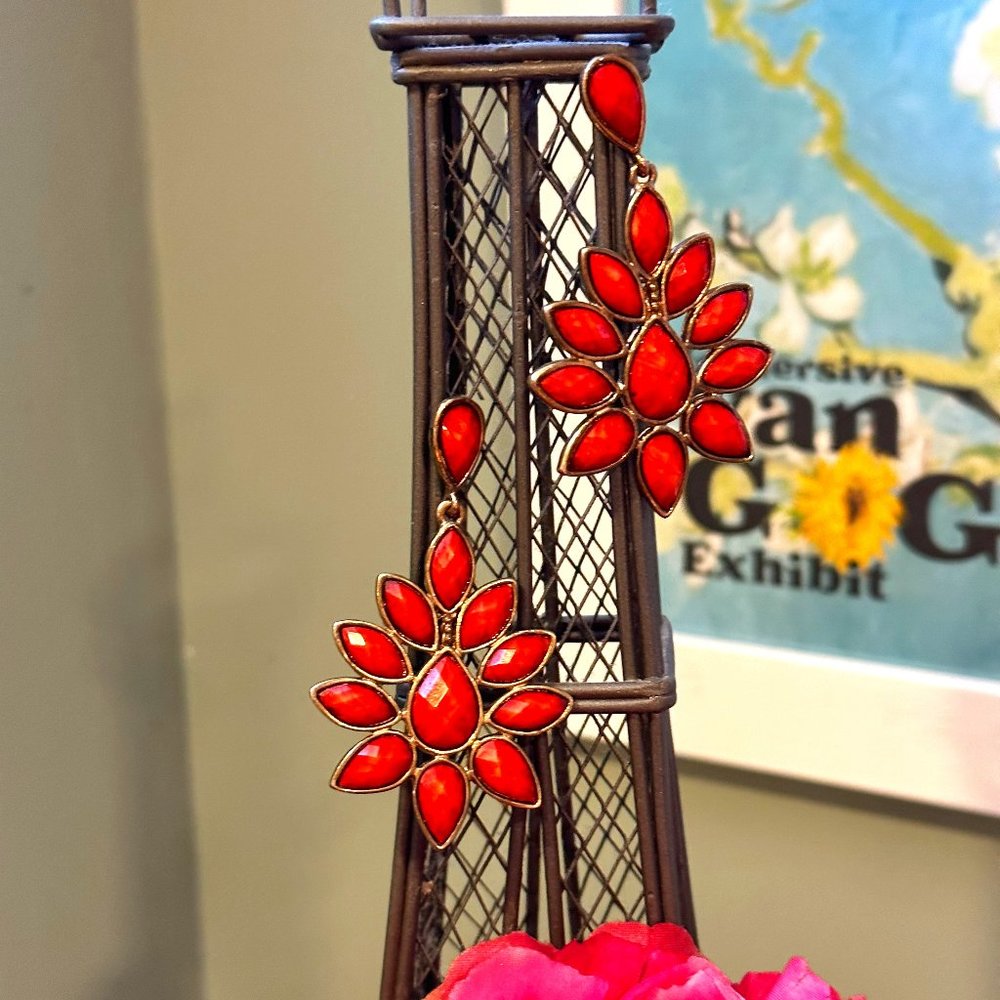 Orange Flower Pattern Dangle Drop Earring - image 1